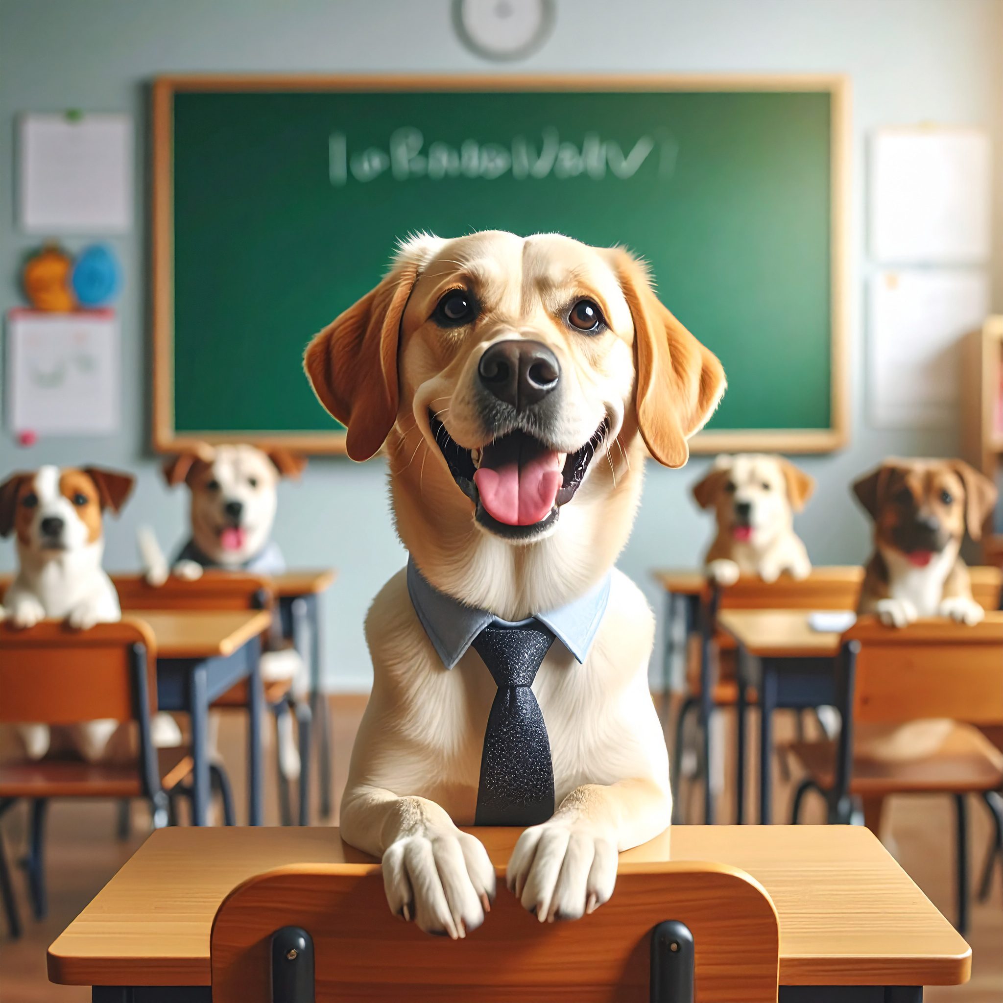 Firefly Een vrolijke hond als leerkracht in een klaslokaal bij het het bord vooraan in de klas, kijk
