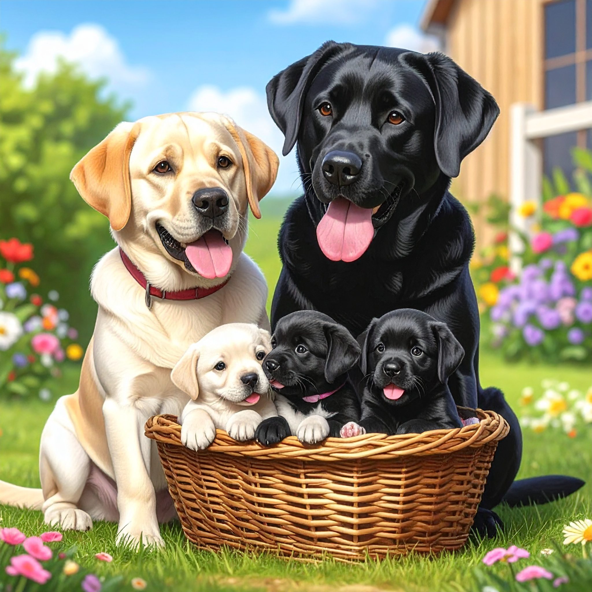 Firefly vrolijke zwarte Labrador vader en gele labrador moeder hond die kijken naar een mand vol met